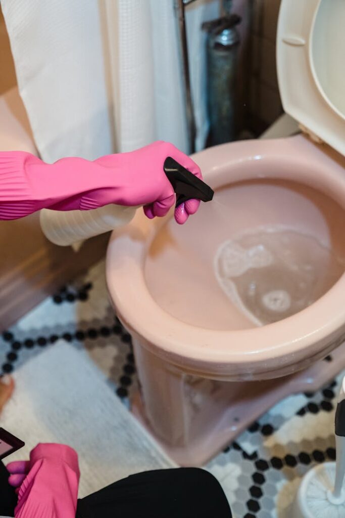 pexels-photo-9462643 A person uses pink gloves and a sprayer to clean a pink toilet, emphasizing cleanliness.